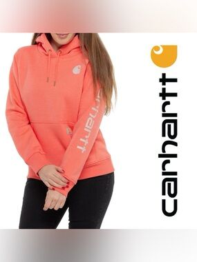 Carhartt Women's M Pink Salmon Coral Clarksburg Logo Hoodie Sweatshirt Shirt